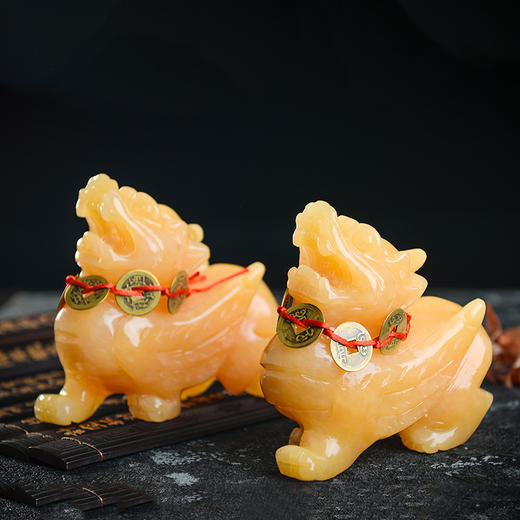 【财】黄玉貔貅摆件一对 环境布局家居安康 送底座、五帝钱 商品图1