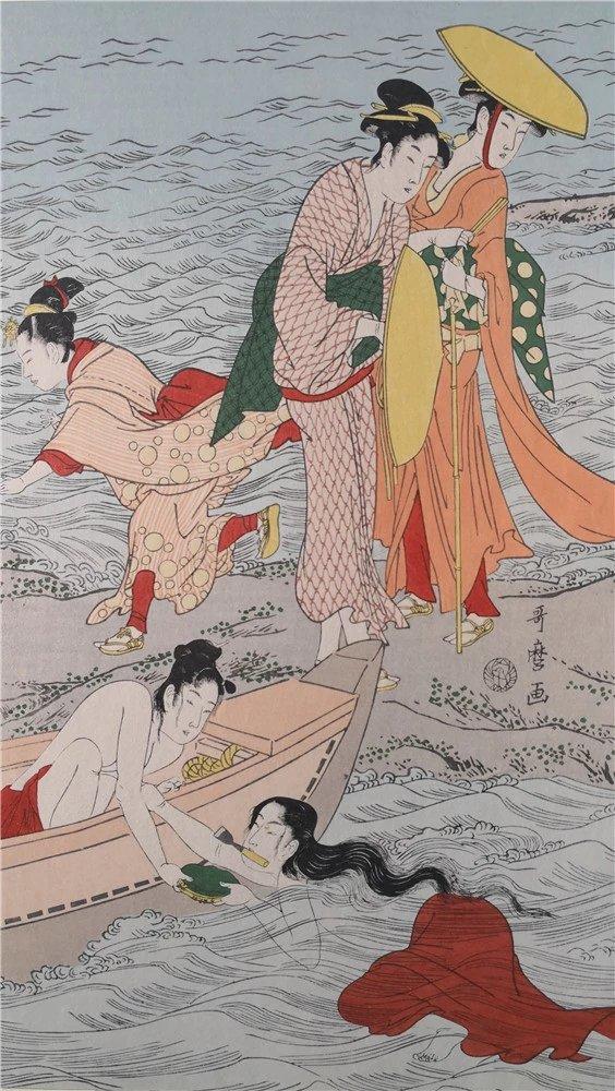 喜多川歌麿取鲍海女图两联副珍贵手工木刻浮世绘版画