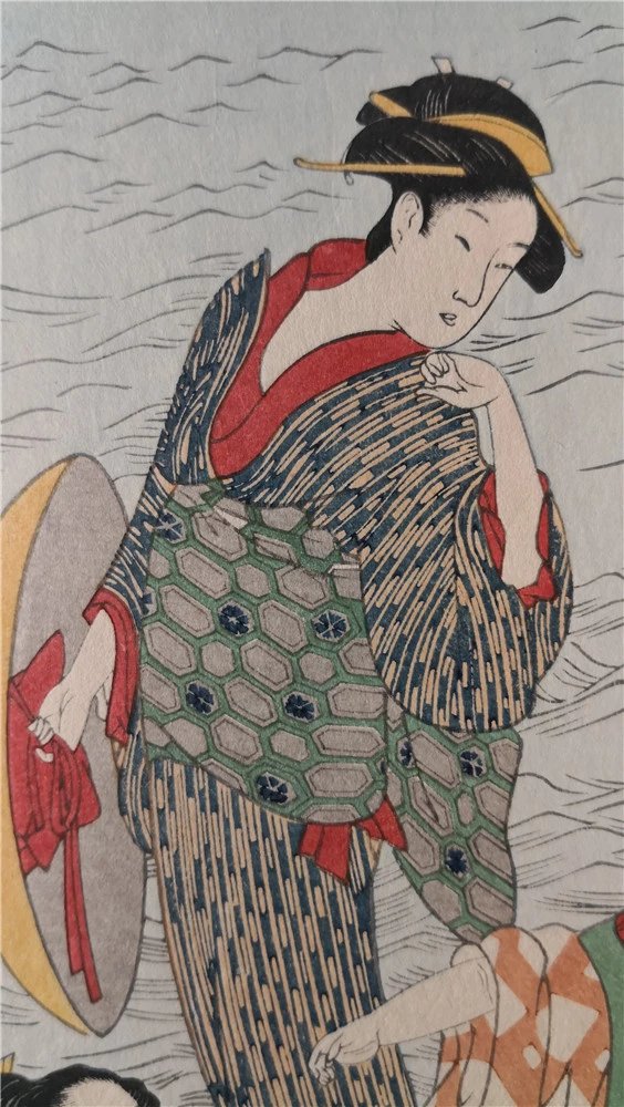 喜多川歌麿取鲍海女图两联副珍贵手工木刻浮世绘版画