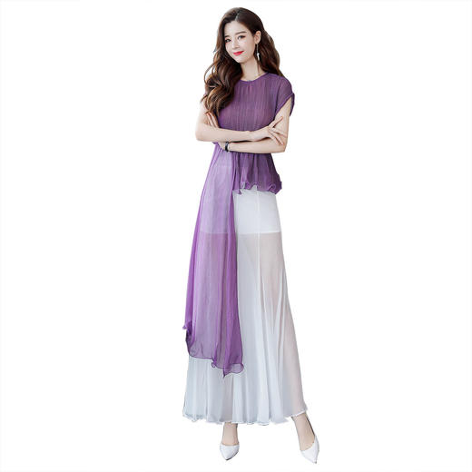 夏装气质轻薄紫色套装裙摆阔腿裤不规则收腰两件套 货号YQH708 商品图4