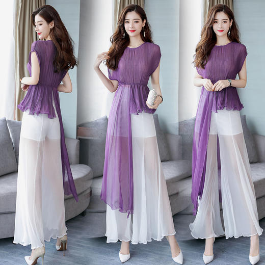 夏装气质轻薄紫色套装裙摆阔腿裤不规则收腰两件套 货号YQH708 商品图1