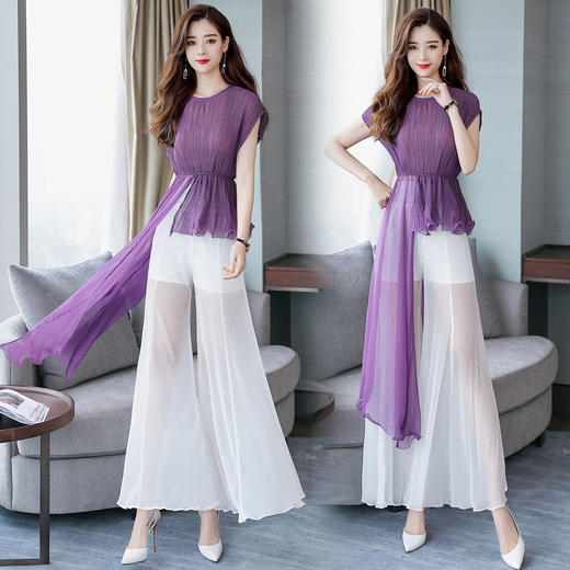 夏装气质轻薄紫色套装裙摆阔腿裤不规则收腰两件套 货号YQH708 商品图2