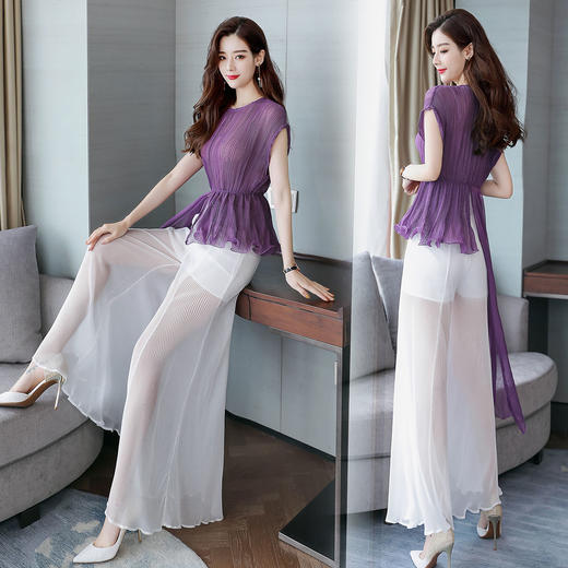 夏装气质轻薄紫色套装裙摆阔腿裤不规则收腰两件套 货号YQH708 商品图3