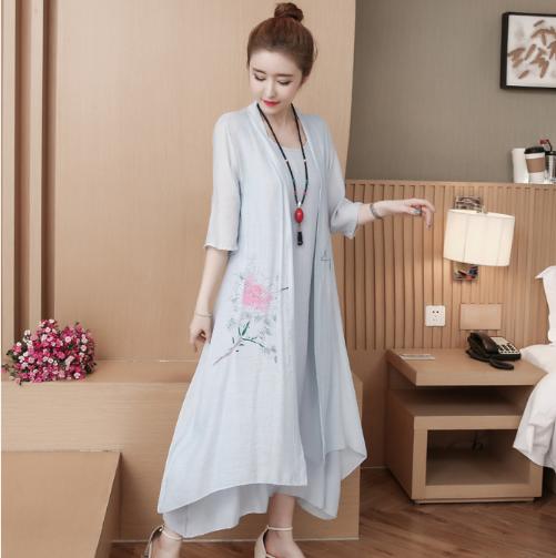 F QX316 中国风2018印花连衣裙两件套 商品图1