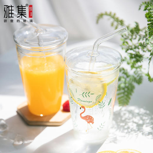 雅集创意办公室杯子玻璃网红水杯家用果汁带盖吸管杯冷饮杯饮料杯 商品图1