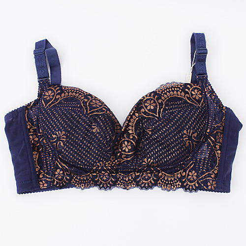 90e深蓝大胸调整型聚拢胖mm薄款烫金内衣文胸a15