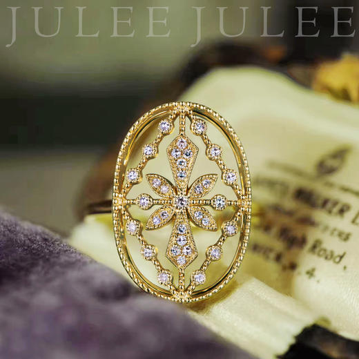 JULEE JULEE 茱莉茱莉 鸢尾花18k黄金钻石戒指 古典镂空 食指女戒 商品图2