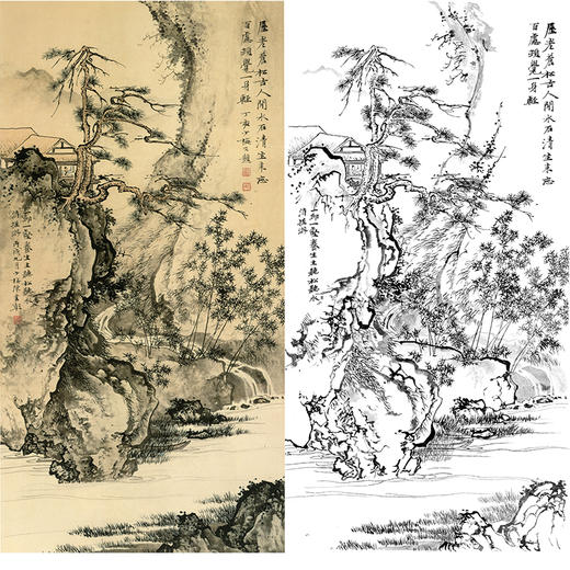 陈少梅竖幅工笔山水白描底稿听松听泉图多种白描尺寸可选cr44