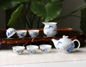 景德镇陶瓷 国瓷红叶 8头釉中彩茶具--和为贵