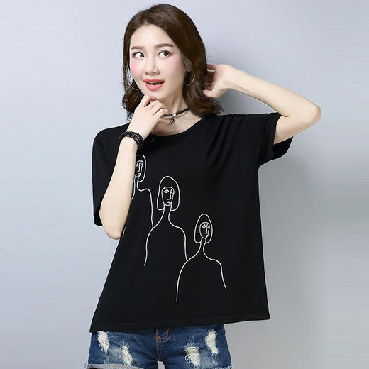 印花短袖针织衫女 韩版简约圆领宽松显瘦上衣YQM2012 商品图3