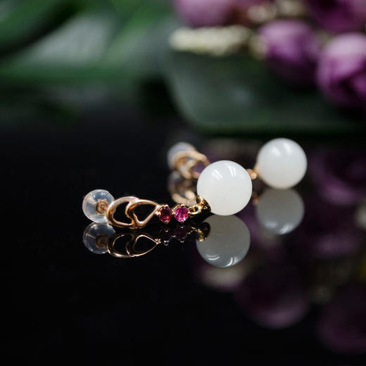 18K玫瑰金和田玉（白玉）玉珠耳饰-心心相印 玉珠10mm/总长28mm 商品图2