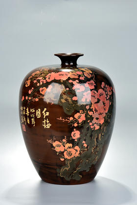 谢恒覆色填泥红梅小口梅瓶