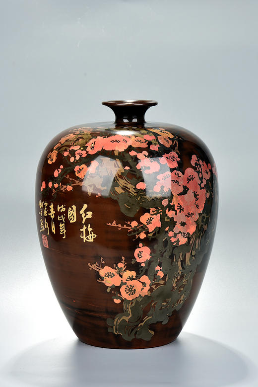 谢恒覆色填泥红梅小口梅瓶 商品图0