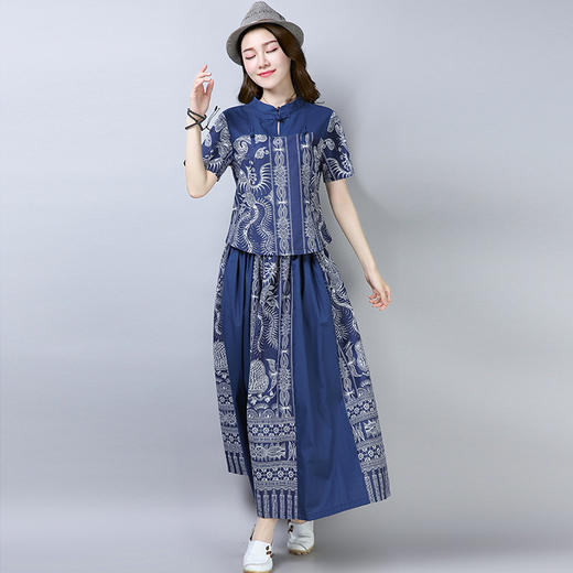 中式民族风短袖印花棉麻半身裙修身两件套 货号LZ3069 商品图3