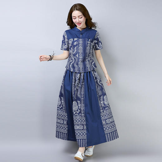 中式民族风短袖印花棉麻半身裙修身两件套 货号LZ3069 商品图2