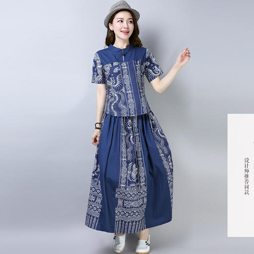 中式民族风短袖印花棉麻半身裙修身两件套 货号LZ3069 商品图4