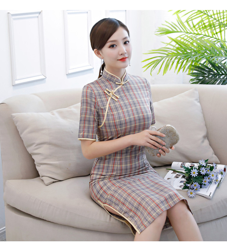 c1888五分袖复古纯棉中长款格子旗袍