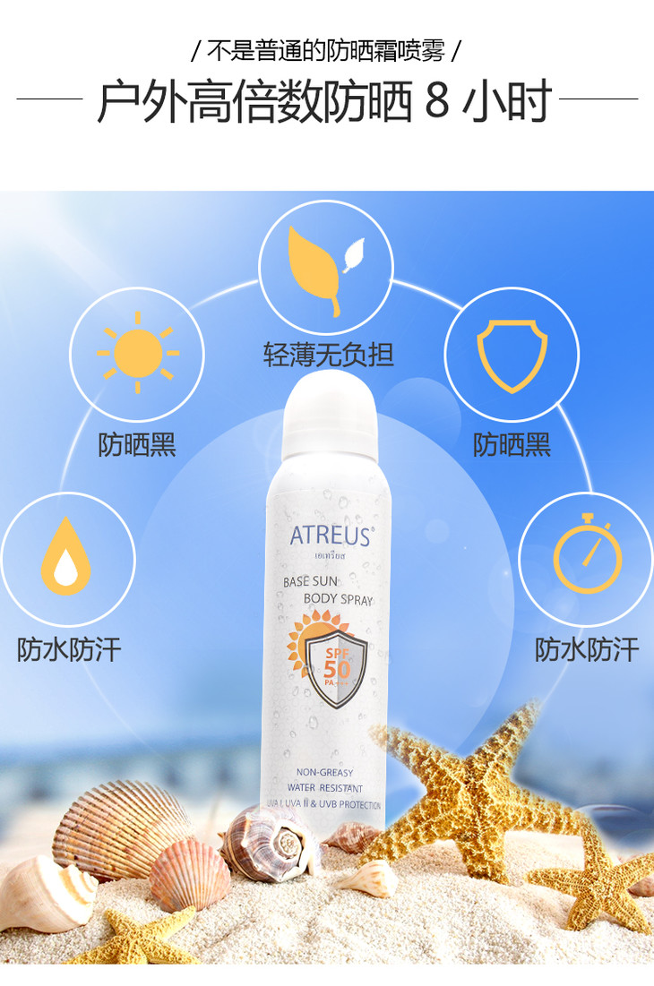 两瓶立减20元泰国原装进口atreus牛奶防晒喷雾美白防水防汗防晒指数