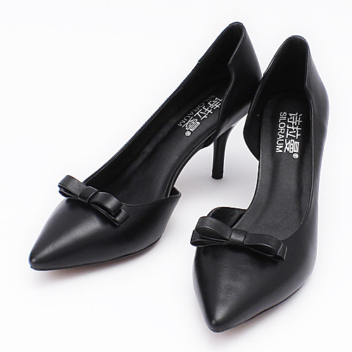 诗拉曼38码黑色蝴蝶结单鞋女尖头高跟鞋真皮韩版F13