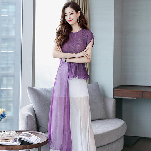 夏装气质轻薄紫色套装裙摆阔腿裤不规则收腰两件套 货号YQH708 商品图0