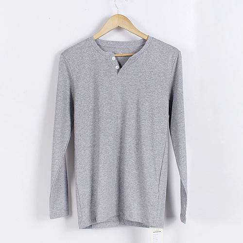 L码灰色小v领纯棉长袖t恤百搭修身打底衫男B4