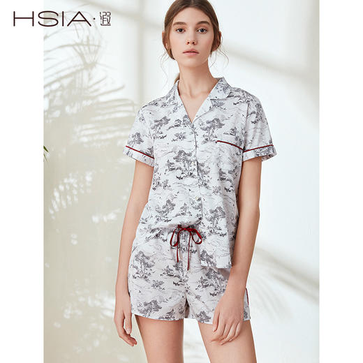 HSIA遐 夏季家居服两件套 休闲宽松衬衫领短袖短裤贡缎睡衣套装女 商品图0