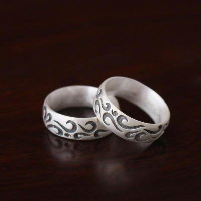 【戒指】S990足银戒指 民族风男女款泰银复古哑光磨砂祥云纹宽边戒指 商品图1