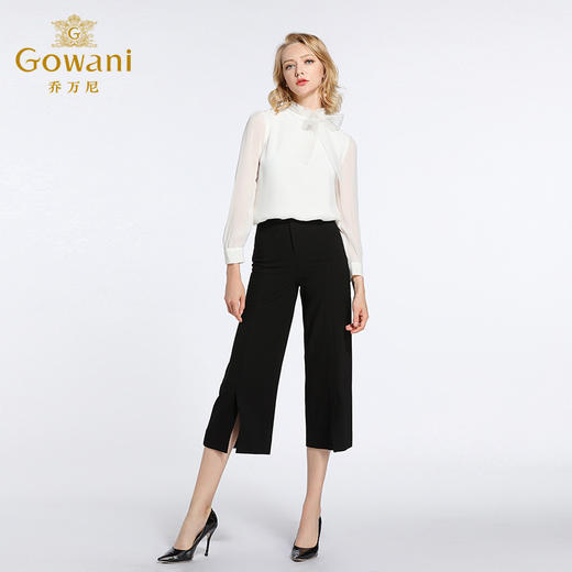 乔万尼春季裤子女时尚百搭宽松高腰显瘦七分黑色阔腿裤EB3F270 商品图3