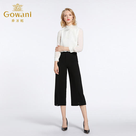 乔万尼春季裤子女时尚百搭宽松高腰显瘦七分黑色阔腿裤EB3F270 商品图1