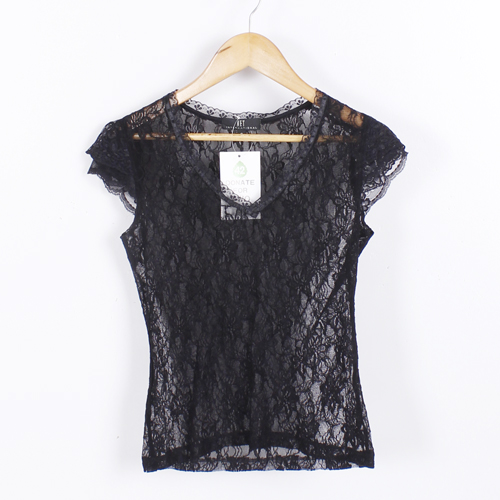 S码黑色蕾丝性感V领女士T恤B21