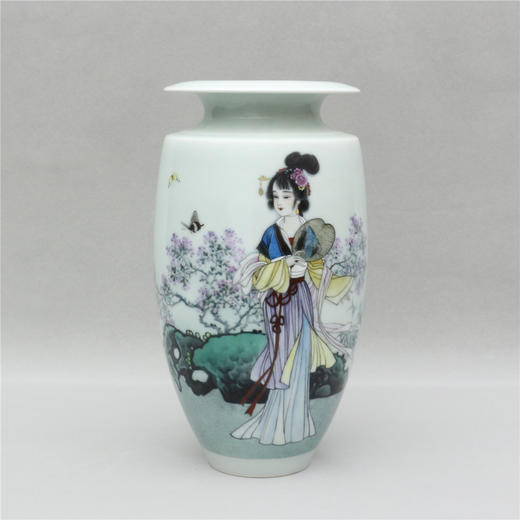 《仕女图三》豆青釉粉彩橄榄形折沿瓶 戴荣华作品 商品图0