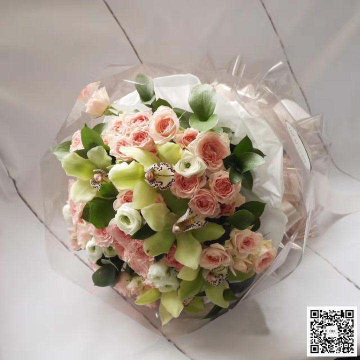 国兰花尚 18 心怡 花束 鲜花 粉玫瑰 蕙兰 洋桔梗 粉绿色系 圆形 香槟色包装