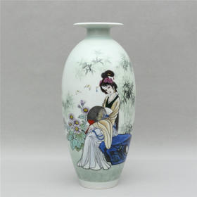 《仕女图一》豆青釉粉彩橄榄形折沿瓶 戴荣华作品