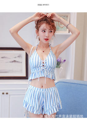 【泳衣】*性感牛仔条纹平角比基尼三件套泳衣