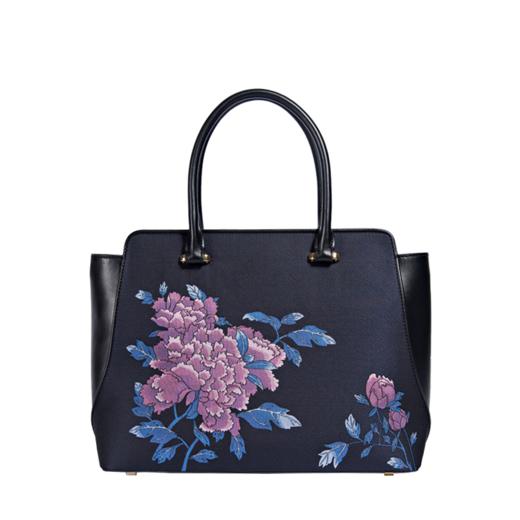 SAINTJOY/上久楷 女士宋锦拎包 深蓝粉牡丹  深蓝色牡丹 BWS17A0901 商品图0