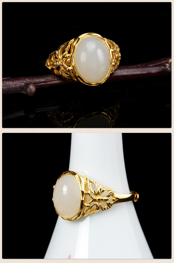 老元吉新疆天然和田白玉女款金镶玉戒指999足金戒