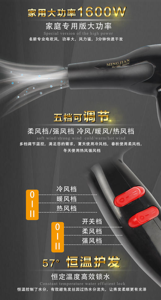 【家用电器】美发电吹风机1600W家用大功率理发店吹风机 代发吹风筒礼品电器 商品图2