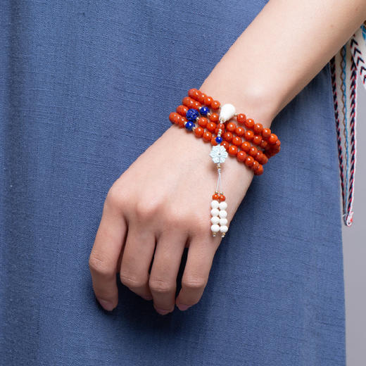 天然南红配猛犸象牙松石青金石108颗佛珠毛衣链紅色手链贵气高档礼物 商品图2