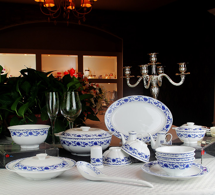 景德镇陶瓷 国瓷红叶 青花瓷富贵牡丹莲花餐具
