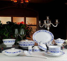 景德镇陶瓷 国瓷红叶 青花瓷富贵牡丹莲花餐具