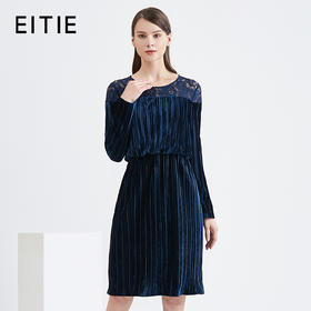 EITIE爱特爱女装秋季蕾丝镂空拼接丝绒长袖百皱连衣裙女5607334