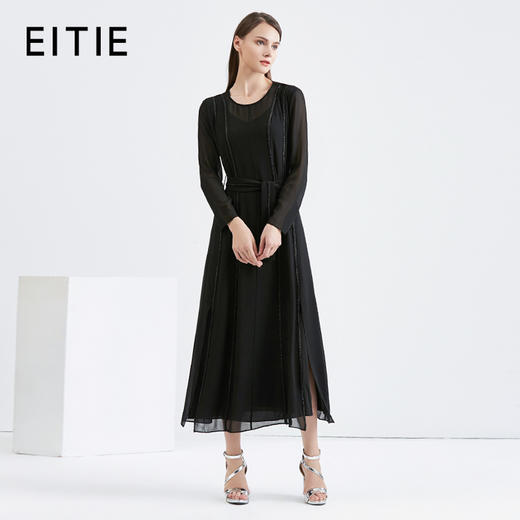 EITIE爱特爱女装早秋新款优雅气质系带收腰钉珠礼服裙长裙5677302 商品图0