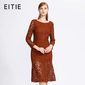 EITIE爱特爱女装早秋蕾丝钩花镂空性感包臀中长款连衣裙C1807138