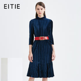 EITIE爱特爱女装秋季新品丝绒立领七分袖包臀喇叭裙连衣裙女5607333