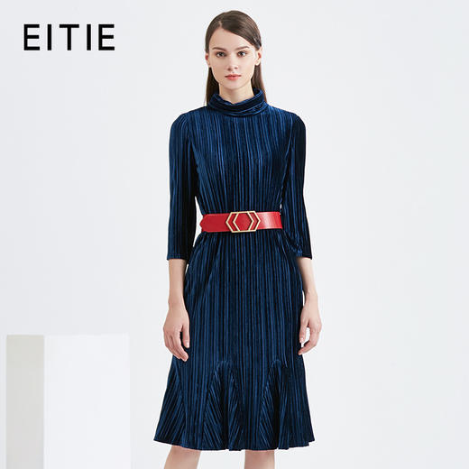 EITIE爱特爱女装秋季新品丝绒立领七分袖包臀喇叭裙连衣裙女5607333 商品图0