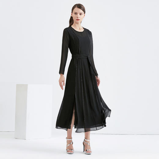 EITIE爱特爱女装早秋新款优雅气质系带收腰钉珠礼服裙长裙5677302 商品图2