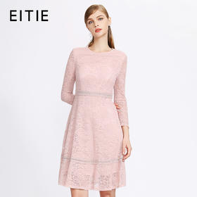 EITIE爱特爱女装早秋九分袖收腰网纱蕾丝钩花连衣裙A字裙C1807132