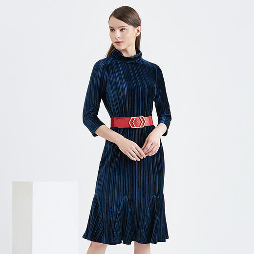 EITIE爱特爱女装秋季新品丝绒立领七分袖包臀喇叭裙连衣裙女5607333 商品图2