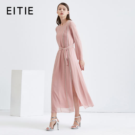 EITIE爱特爱女装早秋新款优雅气质系带收腰钉珠礼服裙长裙5677302 商品图1