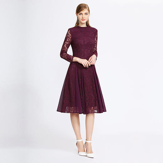 EITIE爱特爱女装秋季新品优雅半高领蕾丝勾花七分袖A字连衣裙C1807146 商品图1